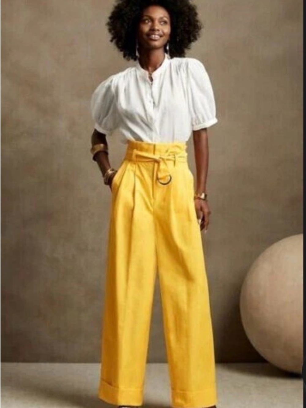 Banana Republic Yellow High-Waist Paper Bag Wide-Leg Belted Cuffed Pants Size 6P - Picture 2 of 11